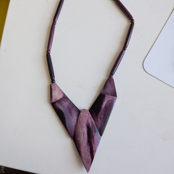 Purple Statement Necklace, Geometric and beaded wood - Picture 1 of 5